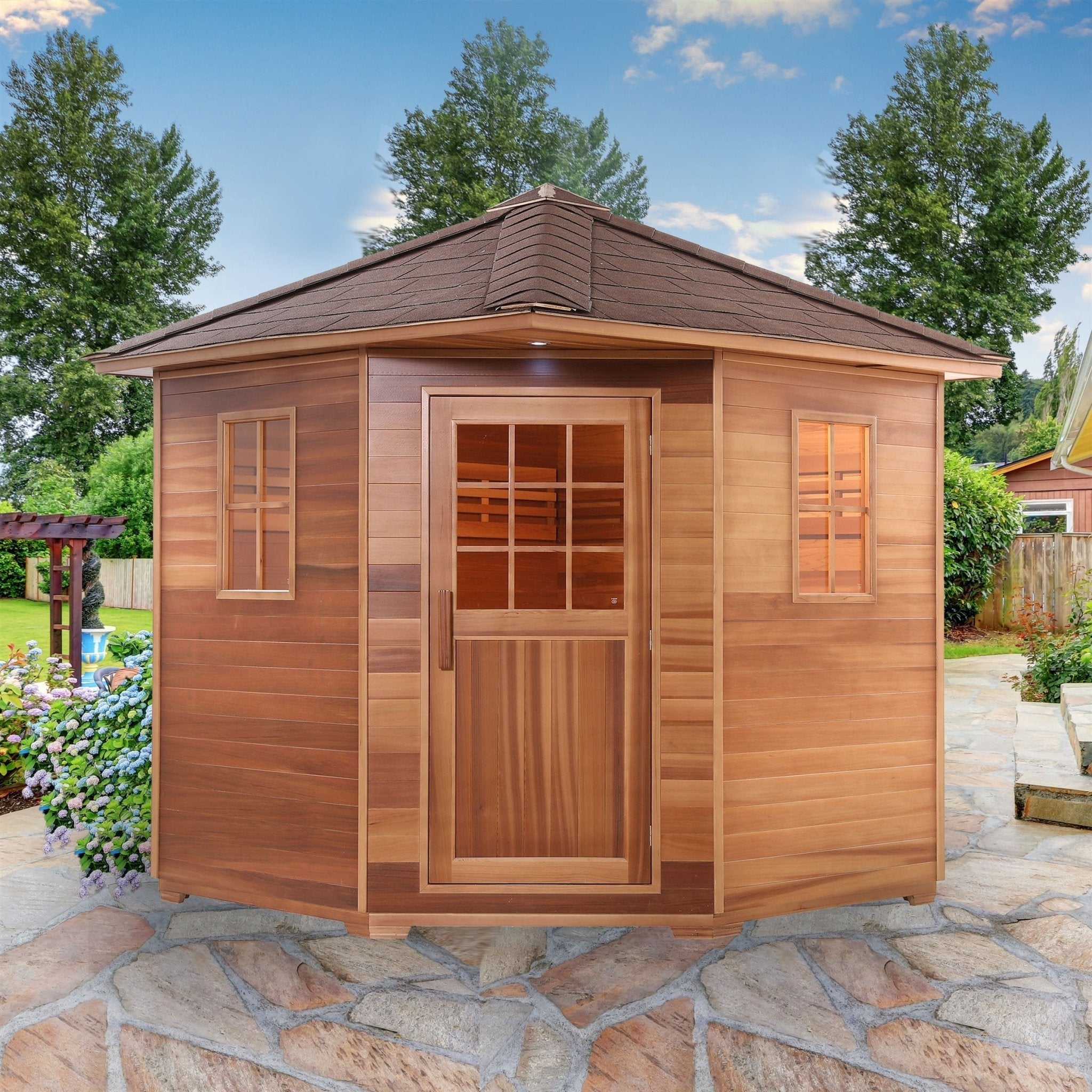 Aleko Canadian Cedar Wet Dry Outdoor Sauna with Asphalt Roof SKD8RCED-AP - The Sauna World