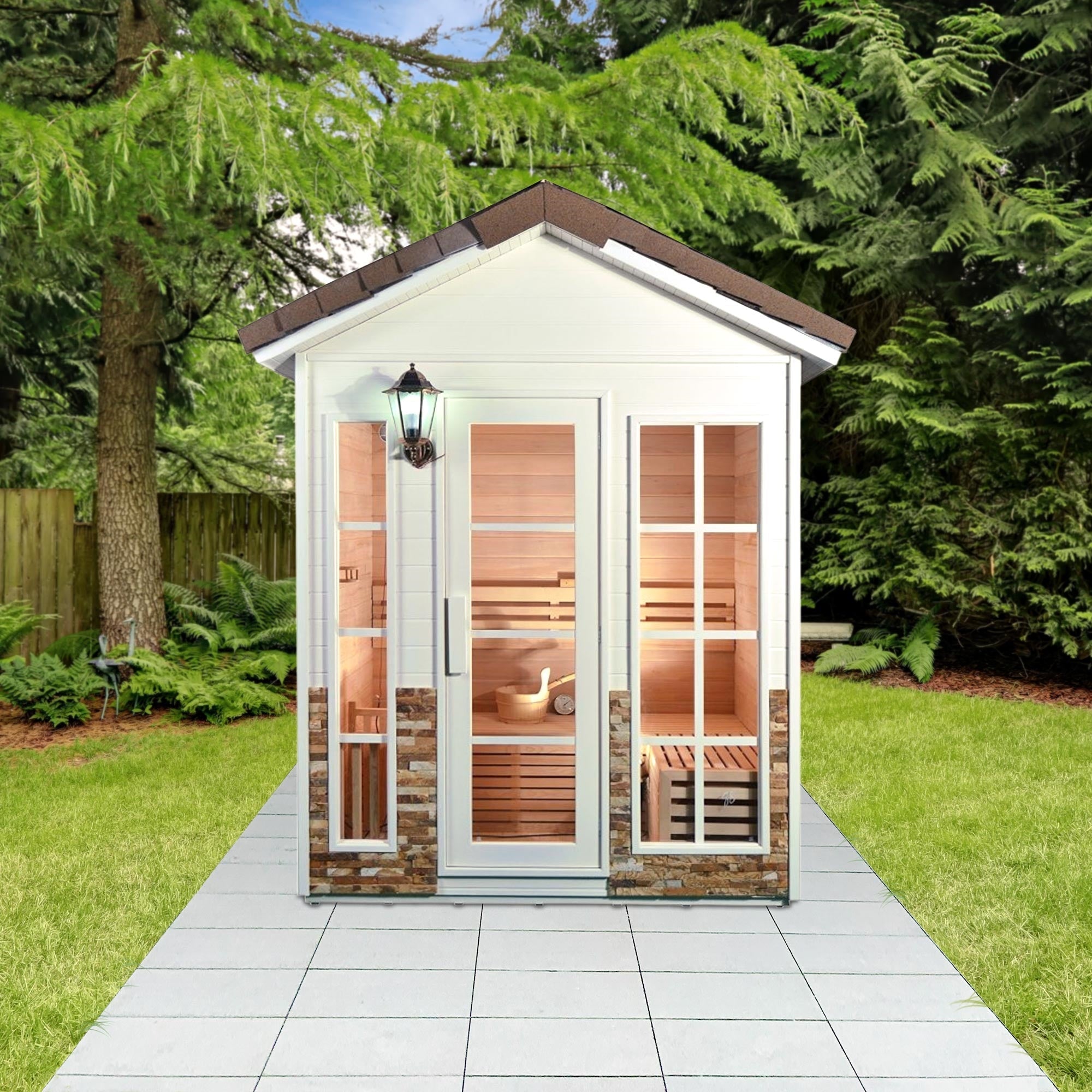 Aleko Outdoor Canadian Red Cedar Wood Wet Dry Sauna - 4 Person Stone Finish CED4KEMI-AP - The Sauna World