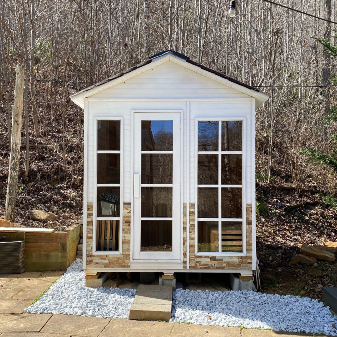 Aleko Outdoor Canadian Red Cedar Wood Wet Dry Sauna - 4 Person Stone Finish CED4KEMI-AP - The Sauna World