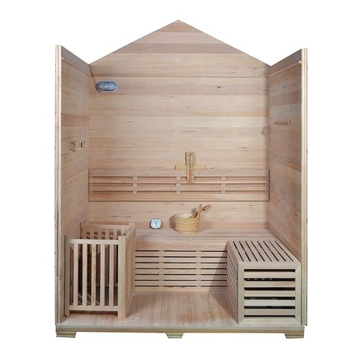 Aleko Outdoor Canadian Red Cedar Wood Wet Dry Sauna - 4 Person Stone Finish CED4KEMI-AP - The Sauna World