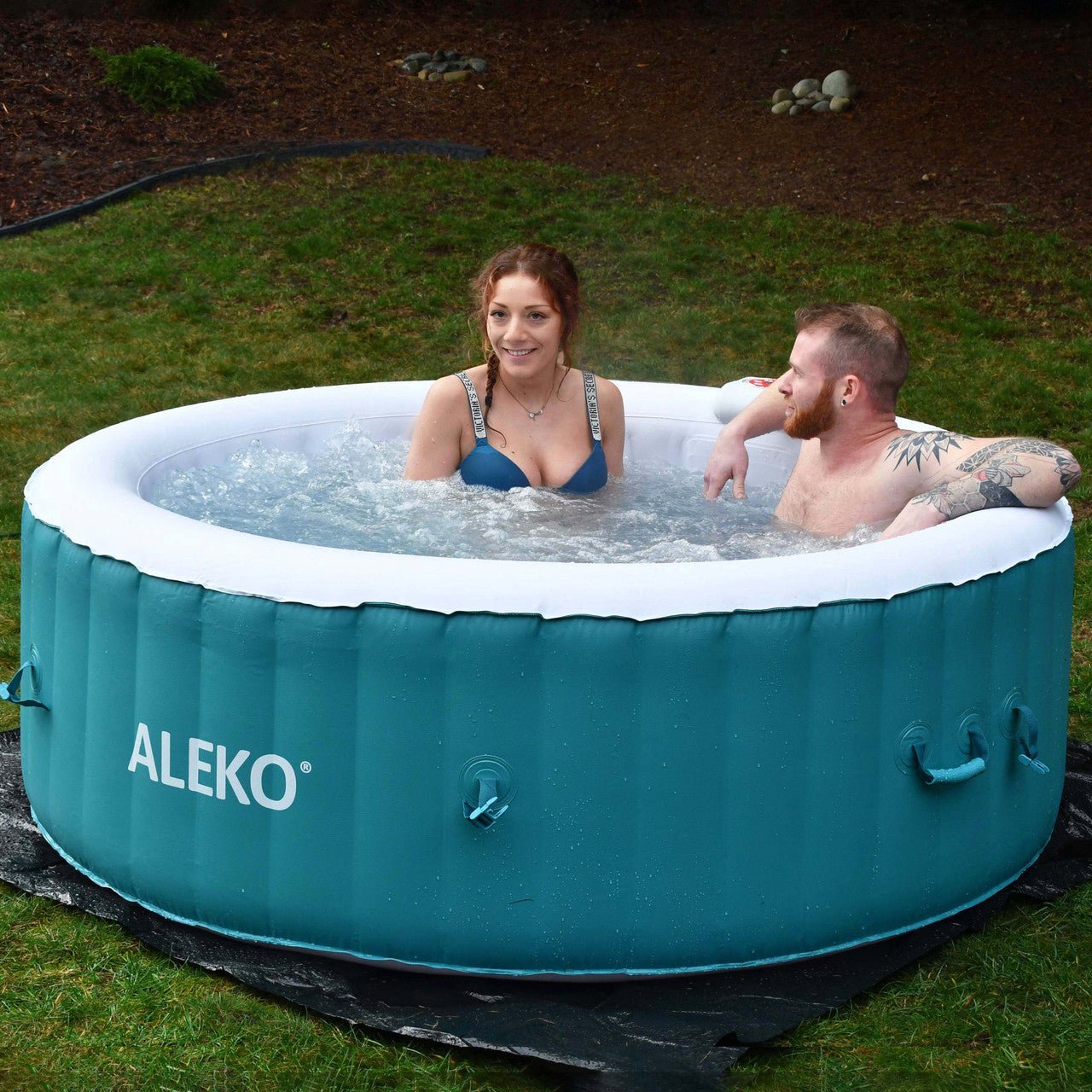 Aleko Round Inflatable Jetted Hot Tub with Cover - 4 Person - 210 Gallon - Light Blue and White - The Sauna World