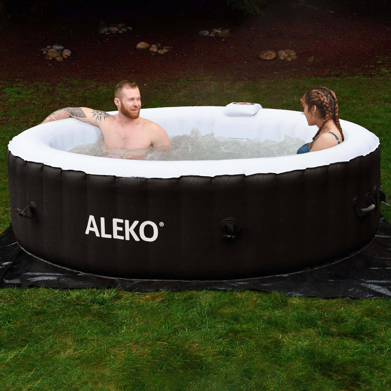 Aleko Round Inflatable Jetted Hot Tub with Cover - 6 Person - 265 Gallon - Black and White - The Sauna World