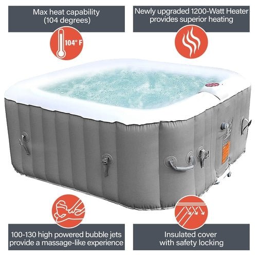 Aleko Square Inflatable Jetted Hot Tub with Cover - 4 Person - 160 Gallon - Gray - The Sauna World