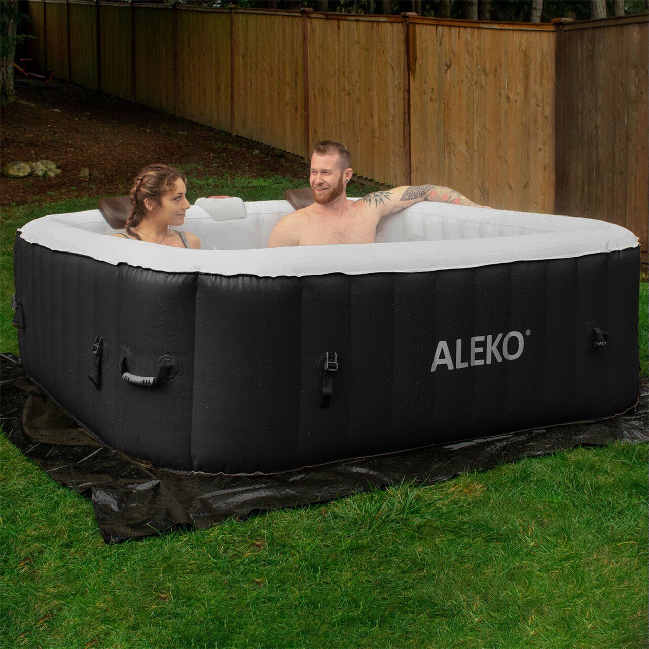 Aleko Square Inflatable Jetted Hot Tub with Cover - 6 Person - 265 Gallon - Black - The Sauna World