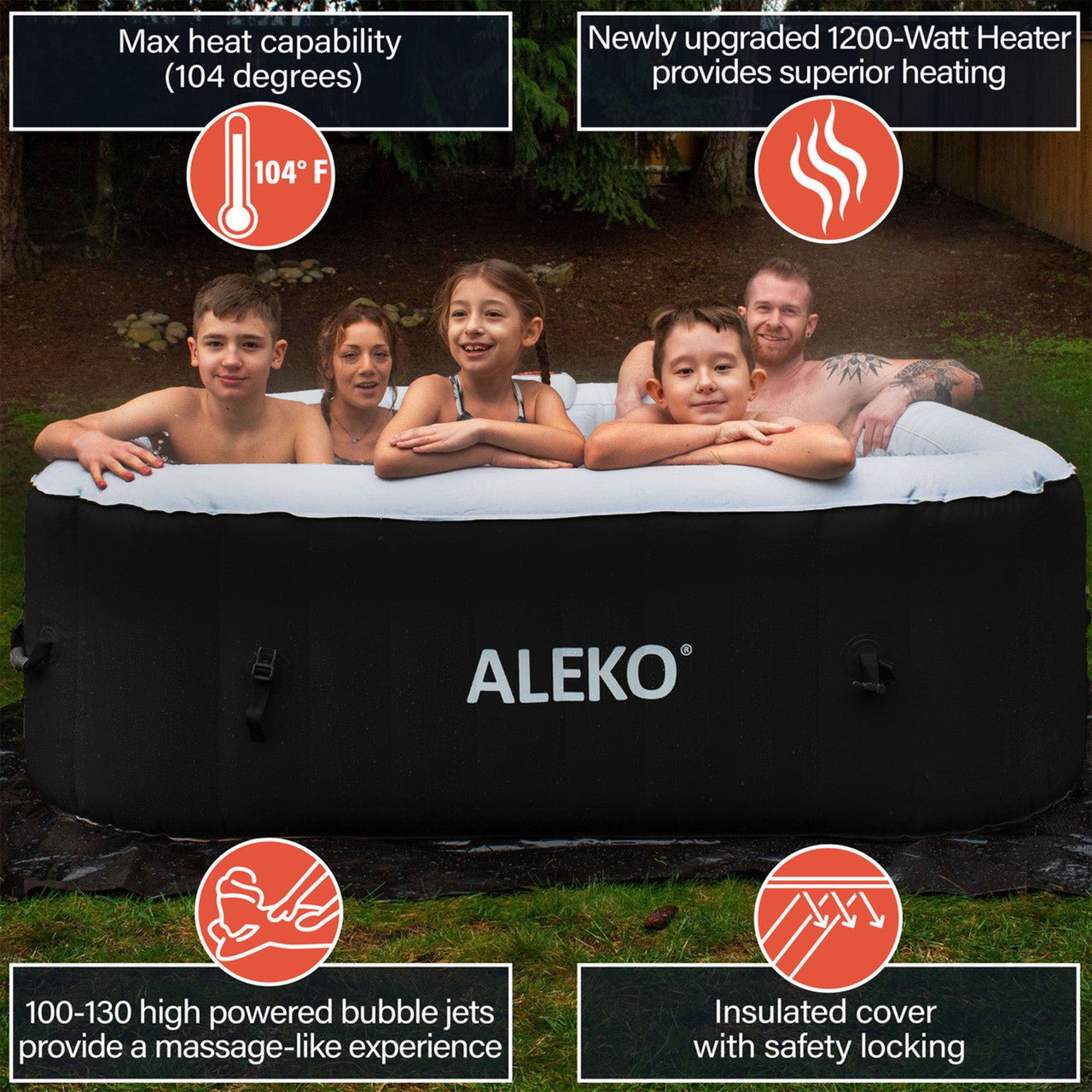 Aleko Square Inflatable Jetted Hot Tub with Cover - 6 Person - 265 Gallon - Black - The Sauna World