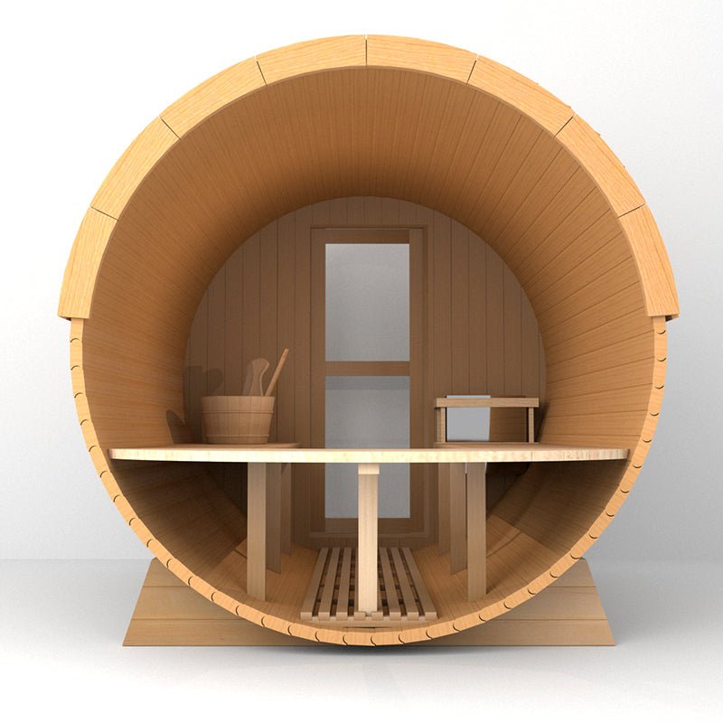 Outdoor Barrel Sauna With Panoramic View Window (Wood shingles) - The Sauna World