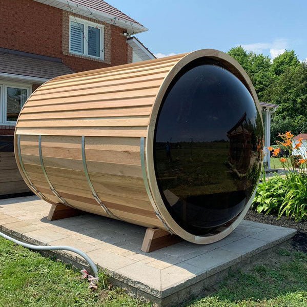 Outdoor Barrel Sauna With Panoramic View Window (Wood shingles) - The Sauna World