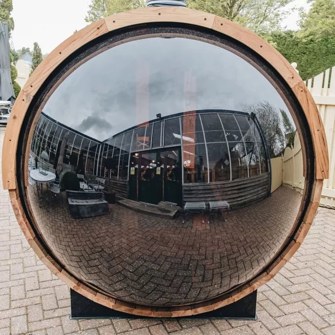 Outdoor Barrel Sauna With Panoramic View Window (Wood shingles) - The Sauna World