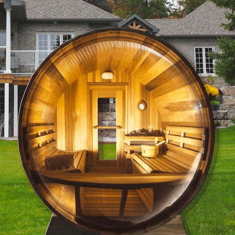 Outdoor Barrel Sauna With Panoramic View Window (Wood shingles) - The Sauna World