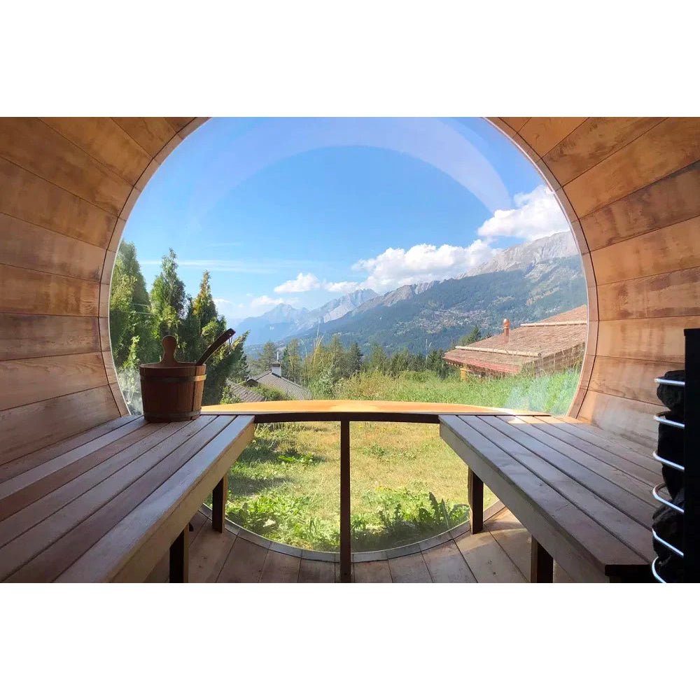 Outdoor Barrel Sauna With Panoramic View Window (Wood shingles) - The Sauna World