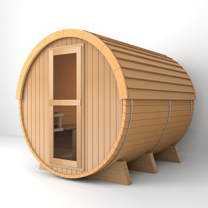 Outdoor Barrel Sauna With Panoramic View Window (Wood shingles) - The Sauna World