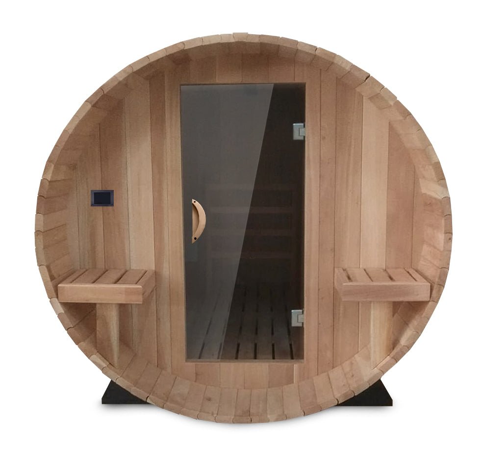 Scandia Electric 2-8 Person Cedar Barrel Sauna with Canopy and Stainless Steel Electrical Heater - The Sauna World