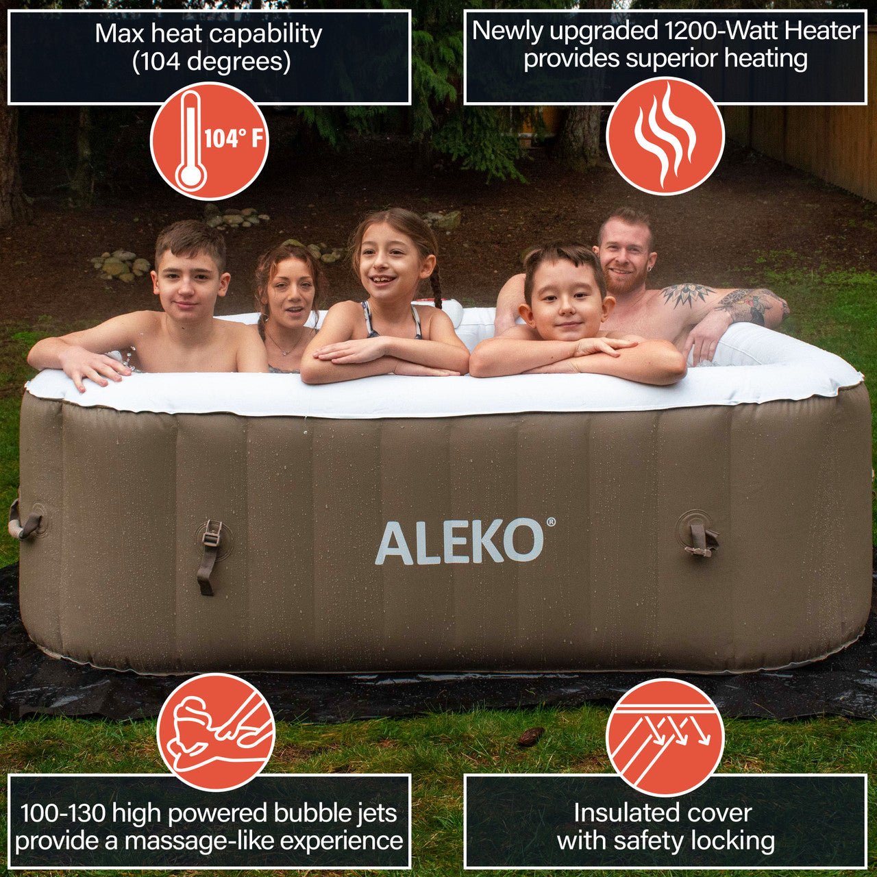 Square Inflatable Jetted Hot Tub with Cover - 6 Person - 250 Gallon - Brown and White - The Sauna World