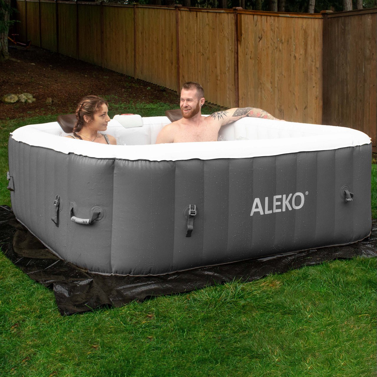 Square Inflatable Jetted Hot Tub with Cover - 6 Person - 265 Gallon - Gray - The Sauna World