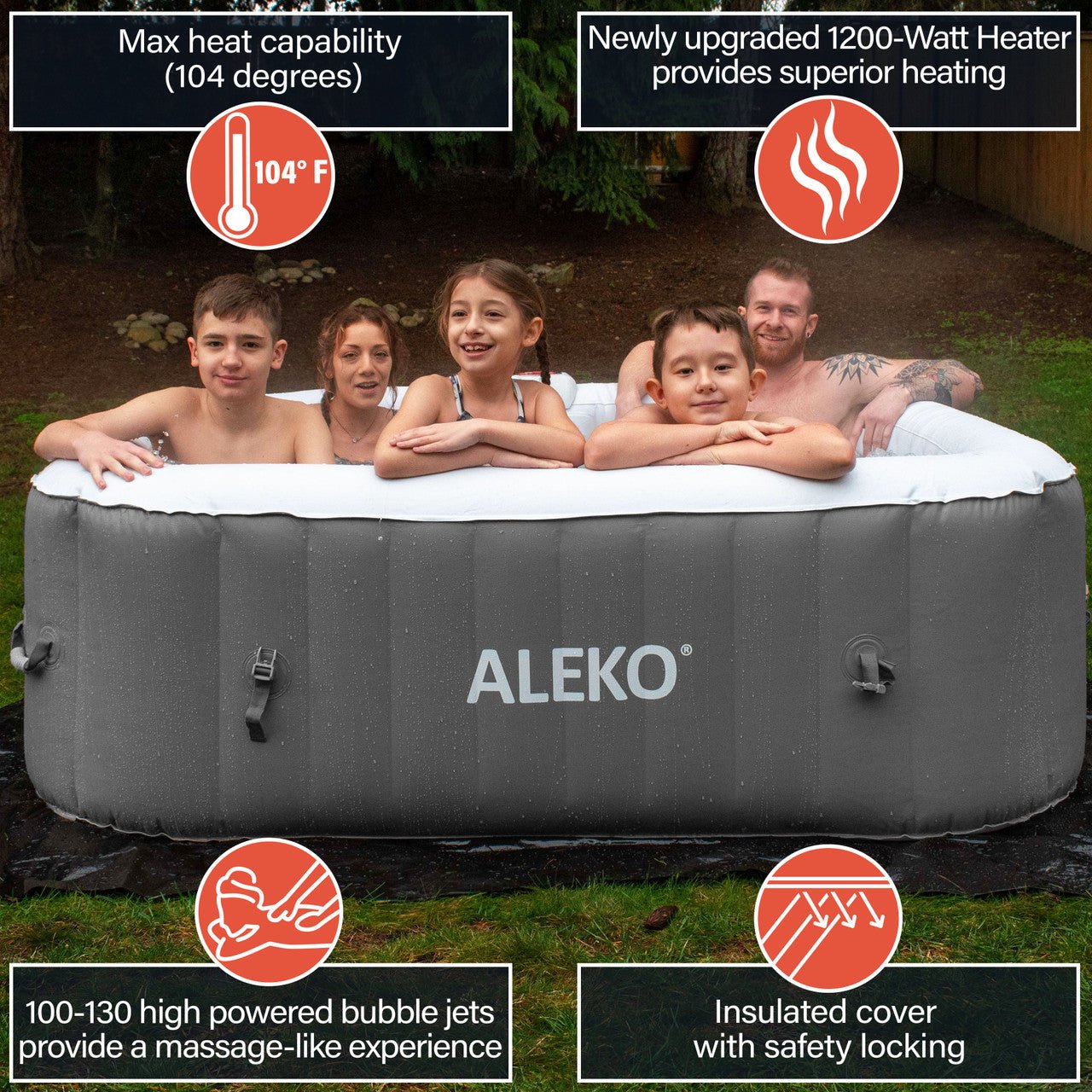 Square Inflatable Jetted Hot Tub with Cover - 6 Person - 265 Gallon - Gray - The Sauna World