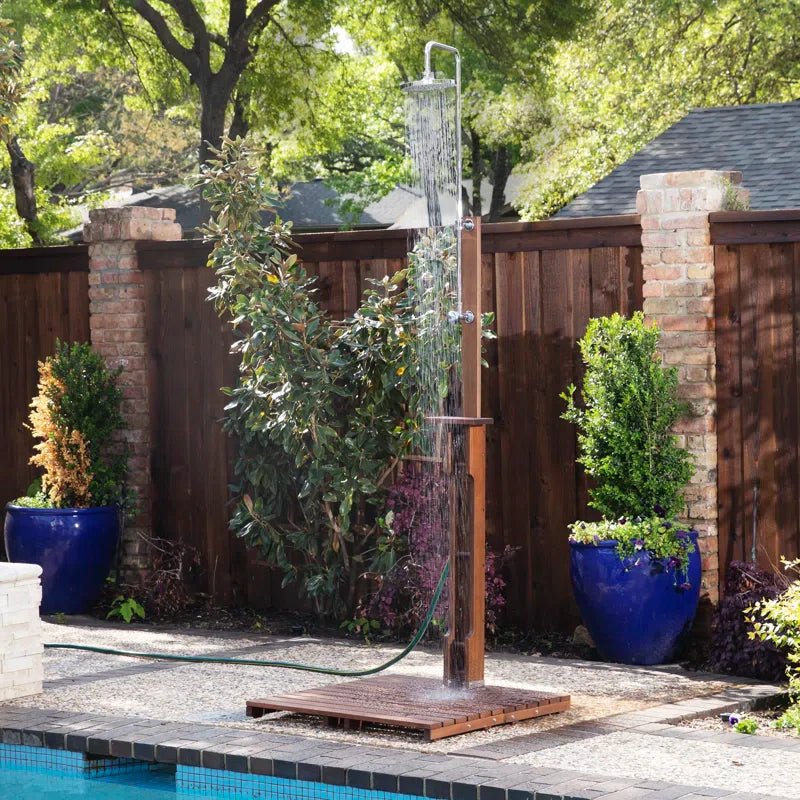 Stainless Steel Freestanding Outdoor Shower and Duckboard - The Sauna World